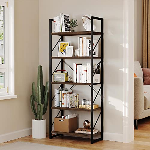 5-Tier Bookshelf, Freestanding Book Shelf, Industrial Minimalist Open Display Storage