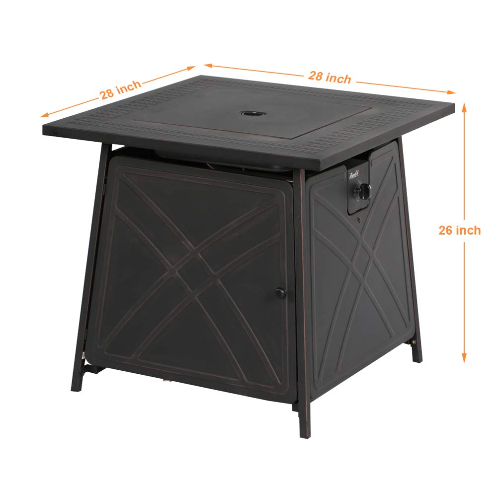 Gas FirePit Table, 28 inch 50,000 BTU Square Outdoor Propane Fire Pit Table - Bircata