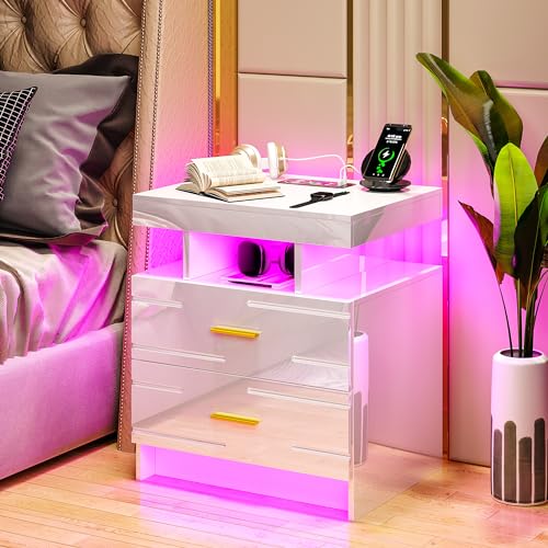 LED Nightstand Set of 2, Modern Night Stand with Wireless Charging Station, High Gloss