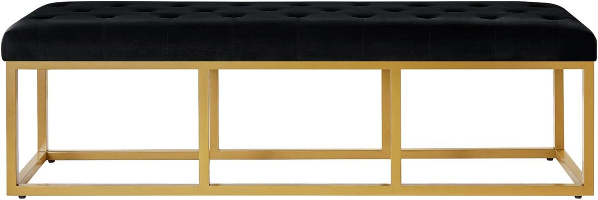 Upholstered Tufted Long Bench with Golden Metal Leg, Black Velvet Bench with Padded