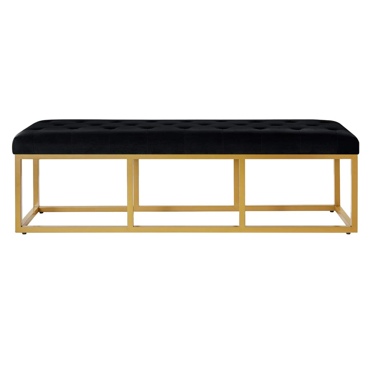 Upholstered Tufted Long Bench with Golden Metal Leg, Black Velvet Bench with Padded