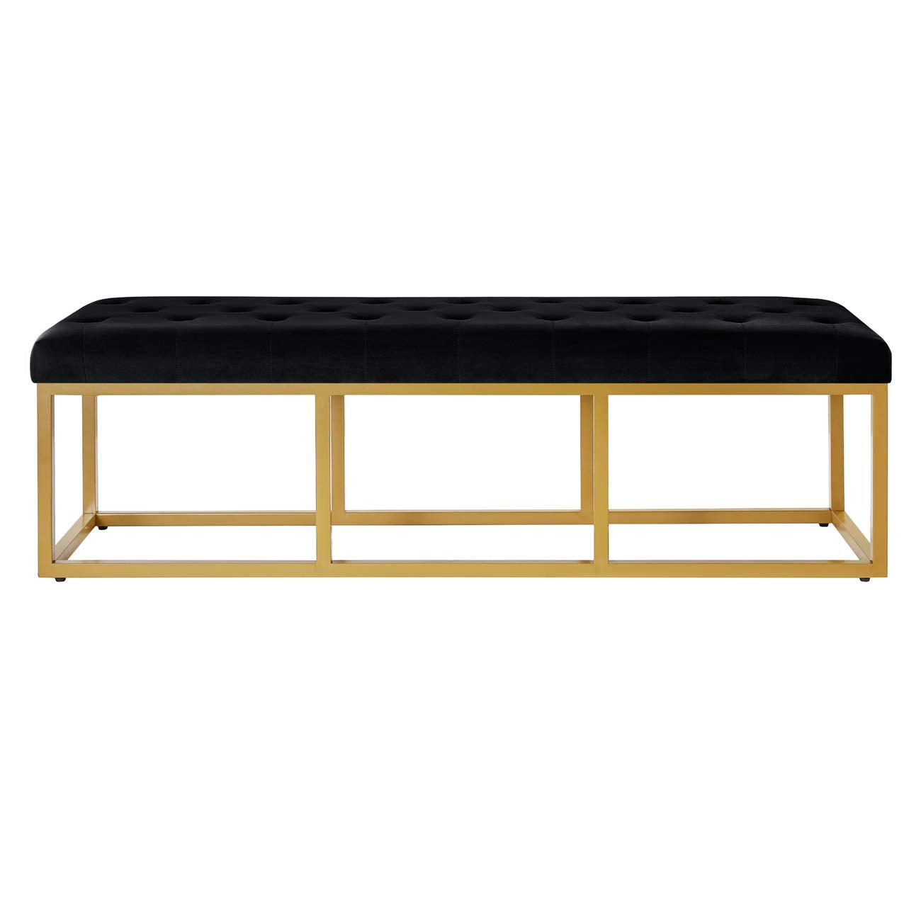 Upholstered Tufted Long Bench with Golden Metal Leg, Black Velvet Bench