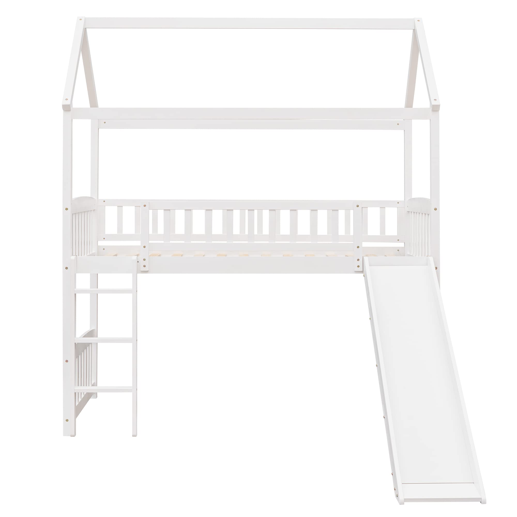 Twin Size Wooden Loft Bed Frame with Rolling Portable Desk Cabinet and Storage Shelves for Kids Teens