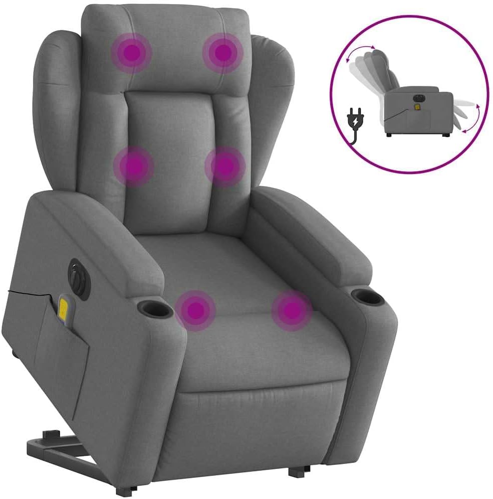 Stand Up Massage Recliner Chair - Dark Gray Fabric, Lift Assist Armchair for Elderly, 135° Recline, 6-Point Vibration, Cup Holders