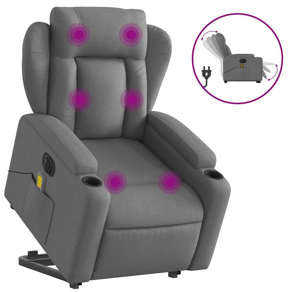 Stand Up Massage Recliner Chair - Dark Gray Fabric, Lift Assist Armchair for Elderly, 135° Recline, 6-Point Vibration, Cup Holders