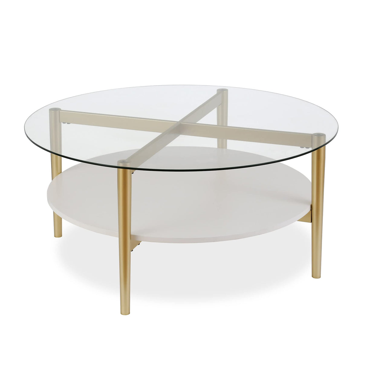 Otto 36'' Wide Round Coffee Table with MDF Shelf in Brass/White Lacquer