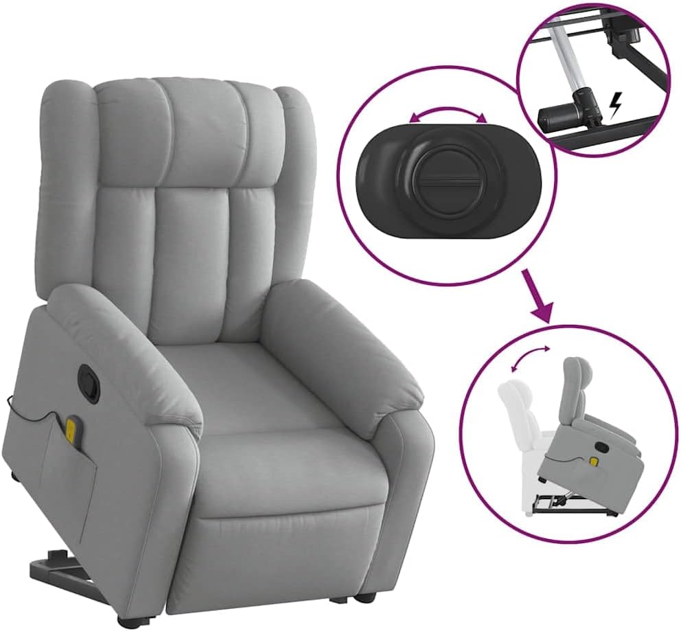 Up Power Lift Armchair - Light Gray Massage Recliner - Manual Adjust, Vibration Function, Fabric, Solid Frame