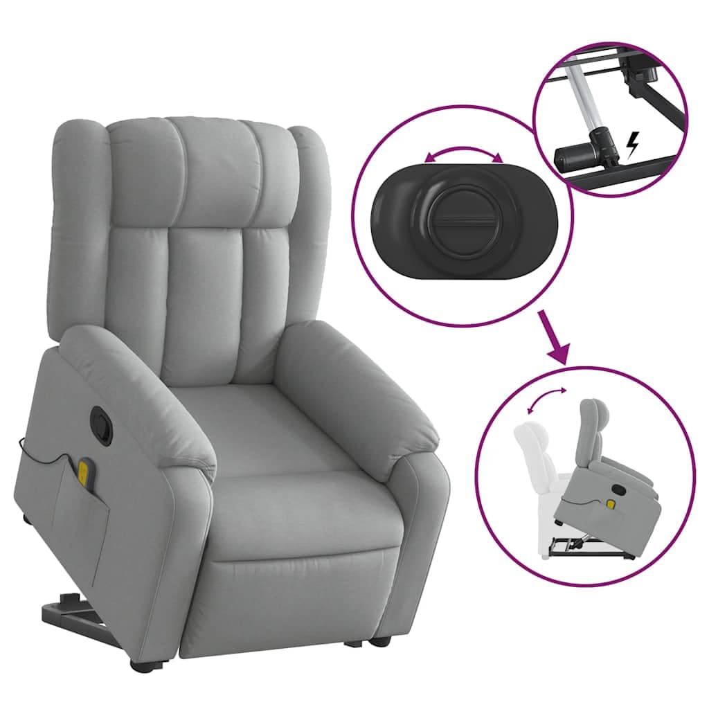 Up Power Lift Armchair - Light Gray Massage Recliner - Manual Adjust, Vibration Function, Fabric, Solid Frame