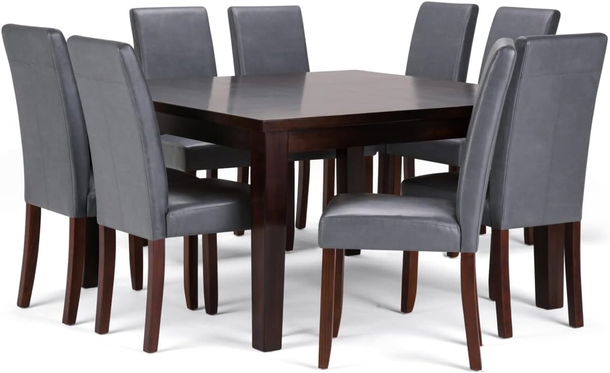 Acadian Transitional 9 Pc Dining Set with 8 Upholstered Parson Chairs in Stone Grey