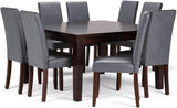 Acadian Transitional 9 Pc Dining Set with 8 Upholstered Parson Chairs in Stone Grey