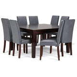 Acadian Transitional 9 Pc Dining Set with 8 Upholstered Parson Chairs in Stone Grey