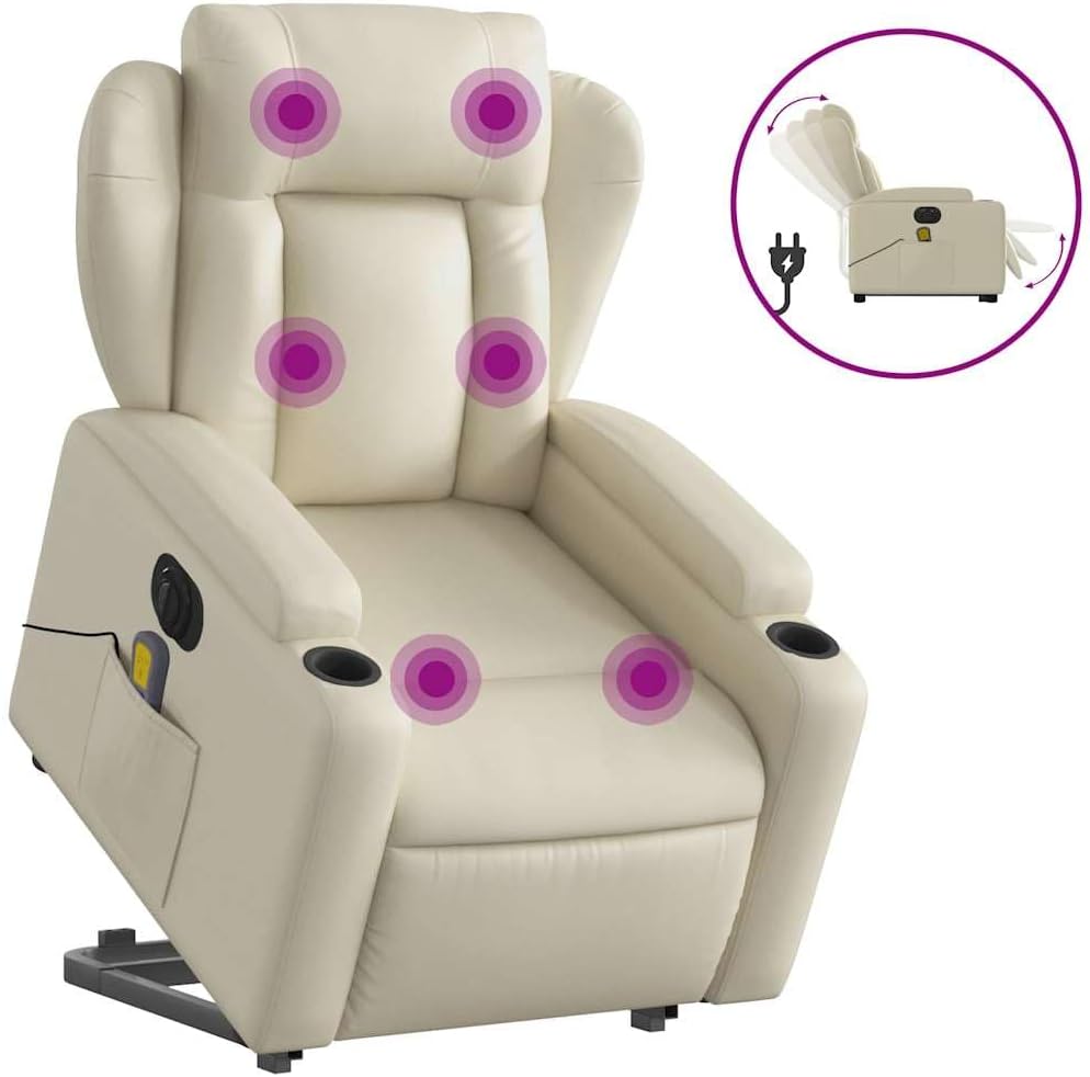 Massage Recliner Chair - Cream Faux Leather, Stand-Up Lift, Reclining, Vibration, Cup Holders