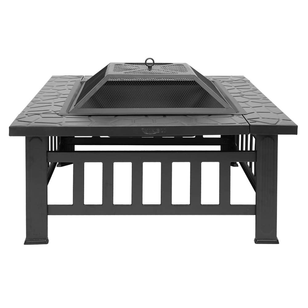 FCH 32" Metal Fire Pit Outdoor Backyard Patio Garden Square Stove Brazier with Charcoal Rack, Poker & Mesh Cover 32" L x 32" W x 17" H - Bircata