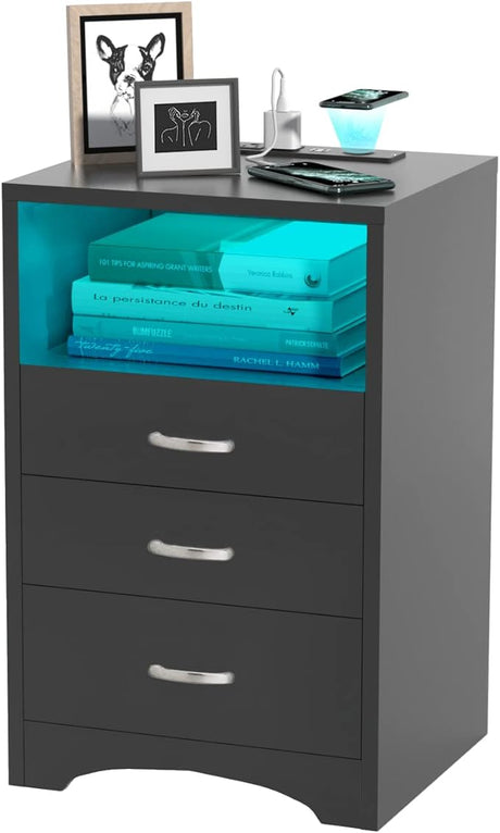 3 Drawers Black Nightstand with Charging Station, Side Table with Open Storage Bedside