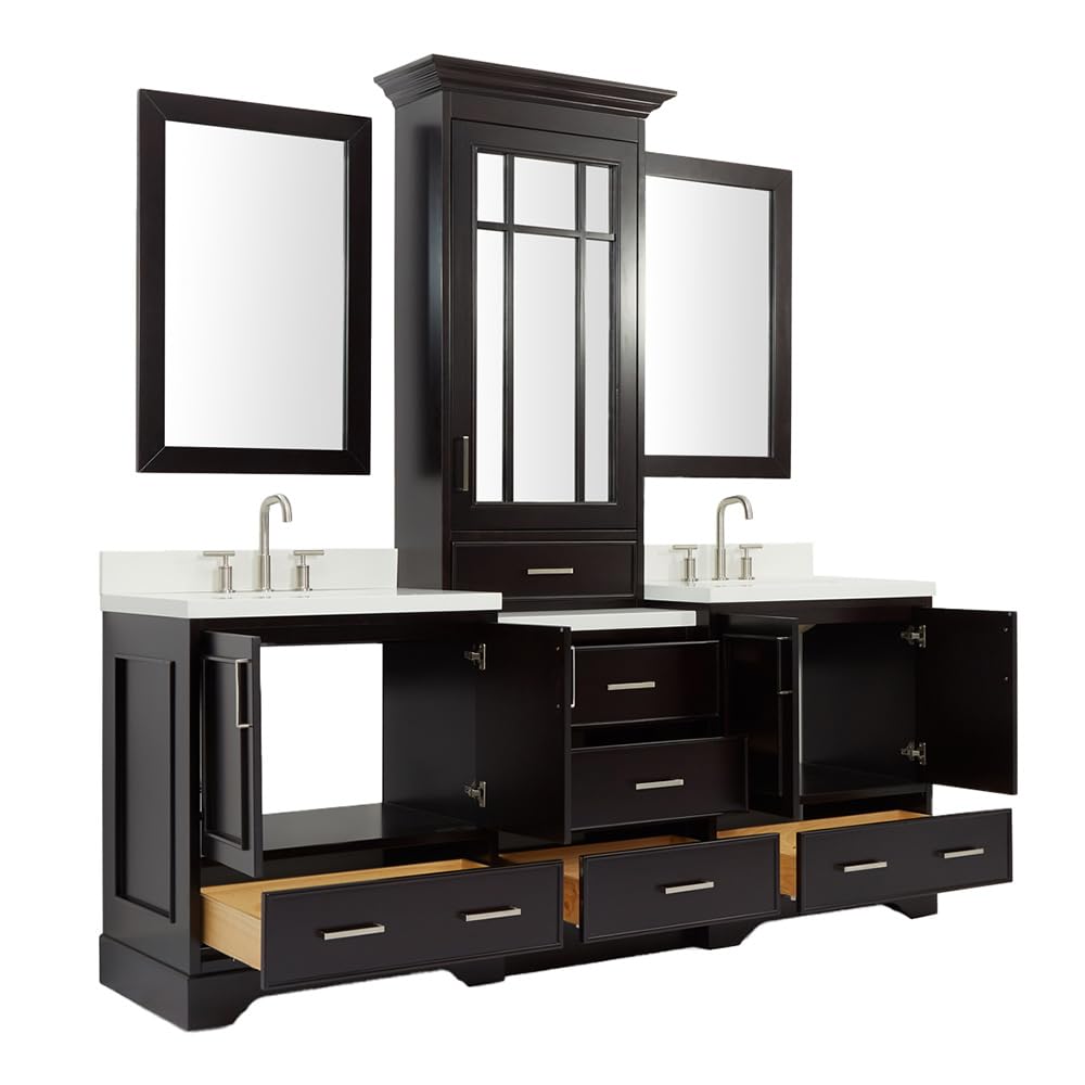 85" Espresso Double Vanity with 1.5" Edge Pure White Quartz Countertop & Backsplash