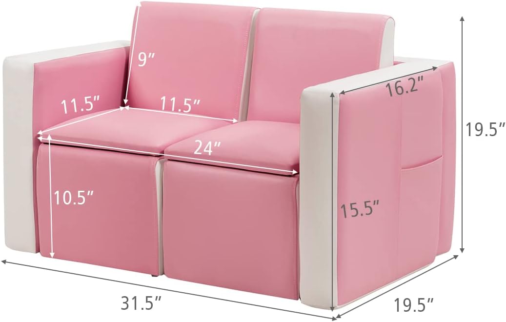 Couch, 2 in 1 Double Seat Children's Sofa Convert to Table and Two Chairs for School, Storage Space, PVC Surface, Large Soft Kids Preschool Sofa Couch for Boys Girls Gifts (Pink)