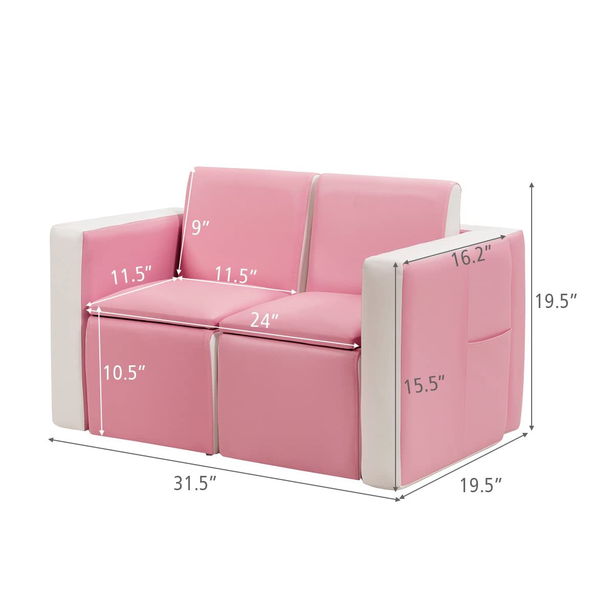 Couch, 2 in 1 Double Seat Children's Sofa Convert to Table and Two Chairs for School, Storage Space, PVC Surface, Large Soft Kids Preschool Sofa Couch for Boys Girls Gifts (Pink)