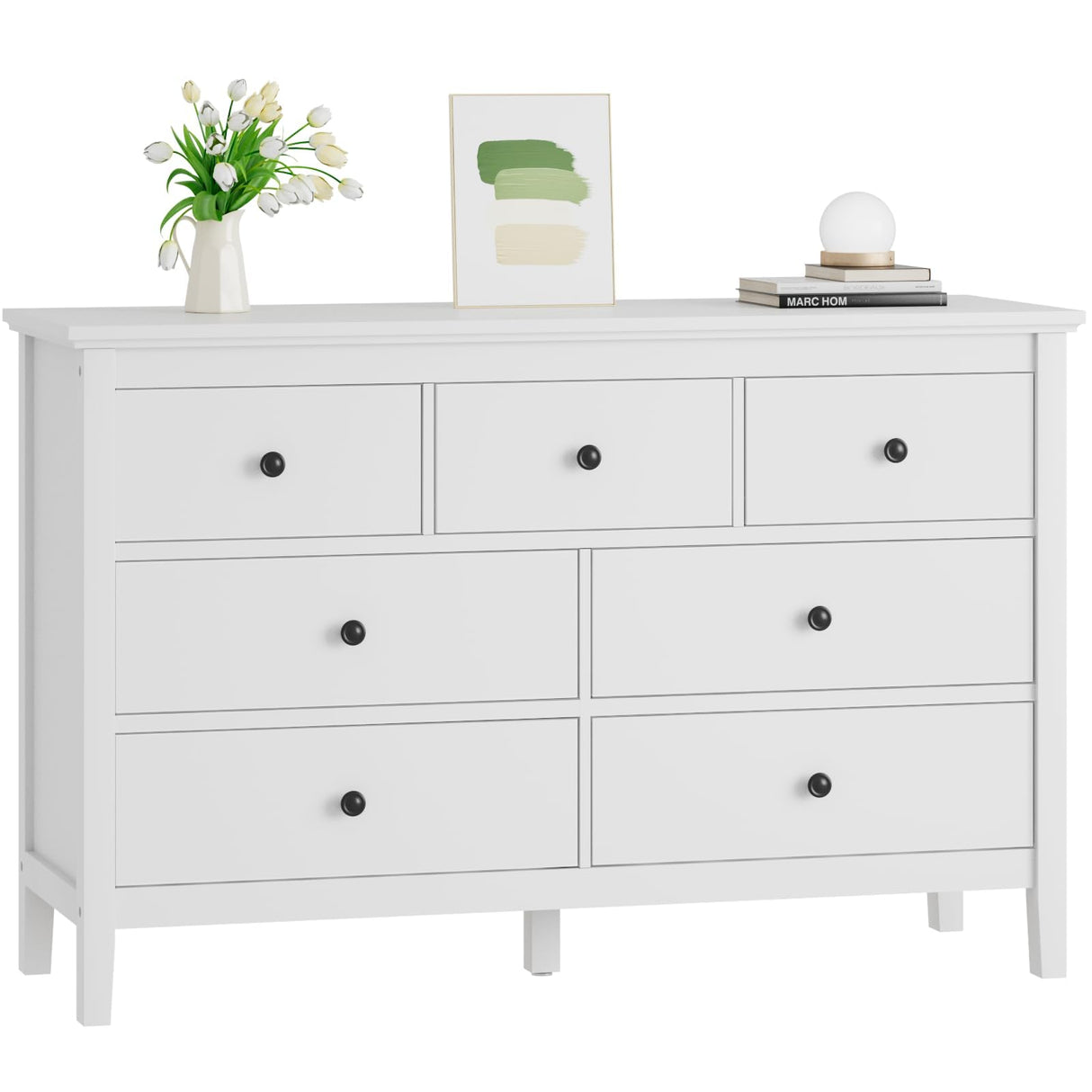 White Dresser for Bedroom, 7 Drawer Dresser with Wide Drawers and Metal Handles