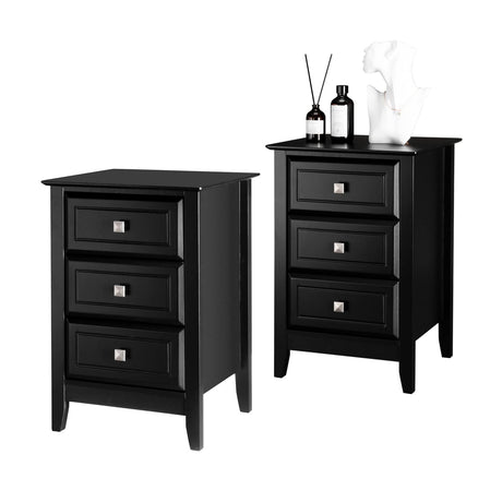 Upgraded 3 Drawers Night Stands for Bedrooms Set of 2, Wooden Black Nightstand Stylish, Modern Bed Side Table/Night Stand for Small Spaces, College Dorm, Kids’ Room, Living Room, 24H