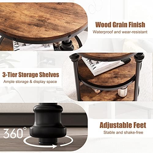 Small Side Table, Round End Table with 3 Shelves for Living Room, Bedroom