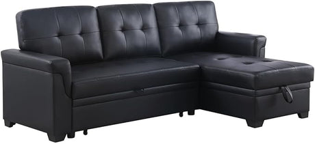 Lexi 83.5" W Black Vegan Leather Modern Reversible Sleeper Sectional Sofa with Storage Chaise