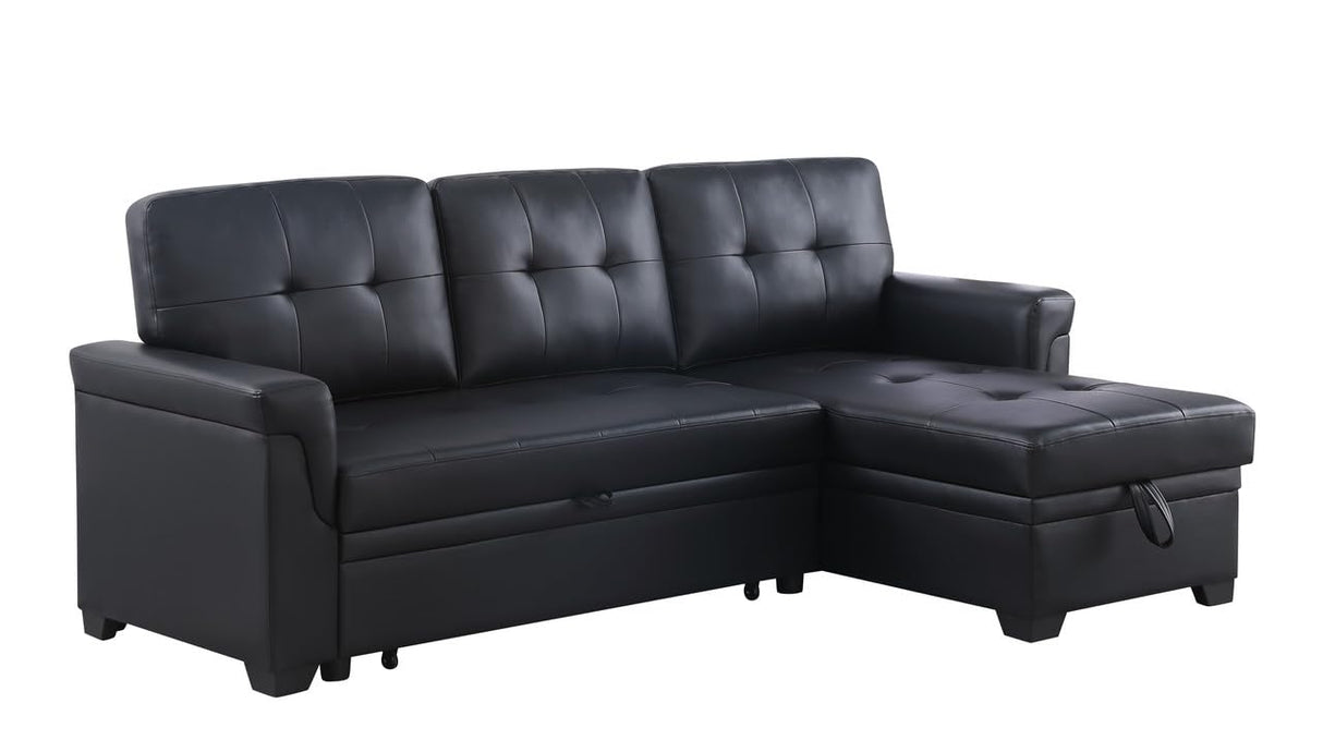 Lexi 83.5" W Black Vegan Leather Modern Reversible Sleeper Sectional Sofa with Storage Chaise