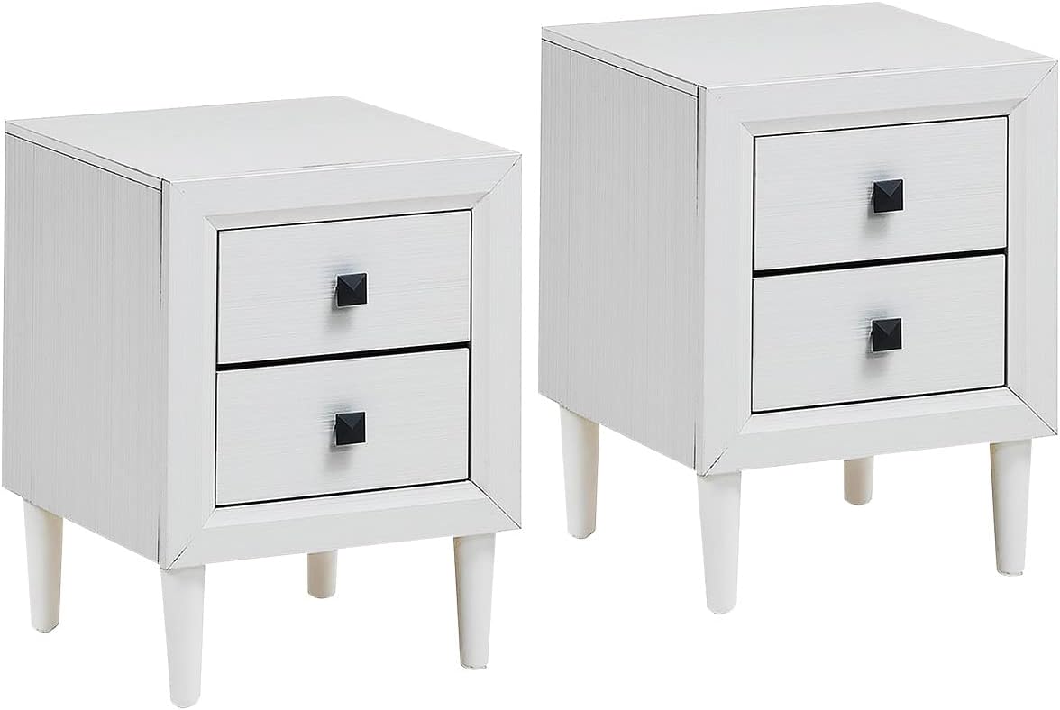 2 PCs Nightstand End Bedside Coffee Table Wooden Leg Drawers White