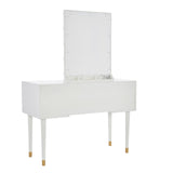 Makeup Vanity Two Piece Set with Lighted Glam Mirror Accents, White and Gold