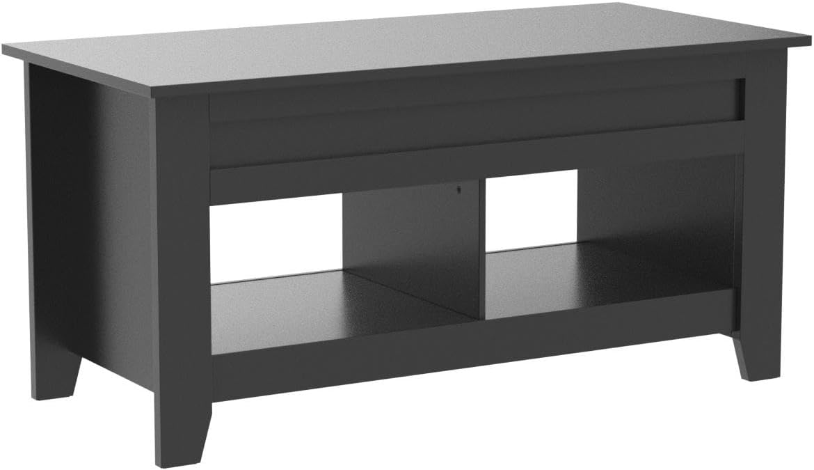 Black Wood Coffee Table Lift Up Coffee Table w/Hidden Storage & 2 Open Shelves