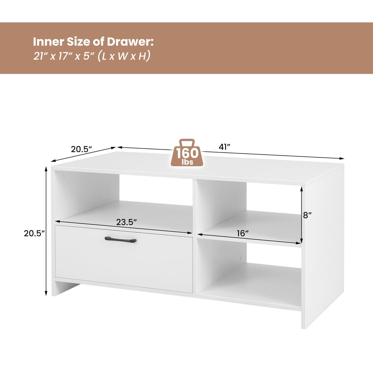 White TV Stand for TVs up to 50”, Modern Media Console Table w/ 3 Open Shelves & 1)