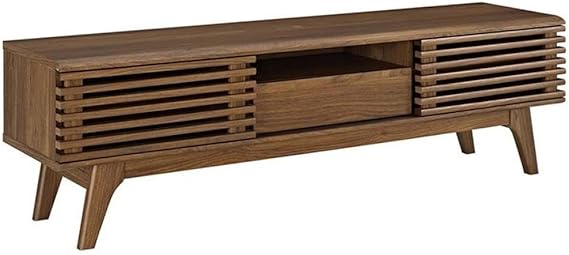 Mid Century Modern Low Profile 59" Retro TV Stand with Slatted Shelves in Walnut