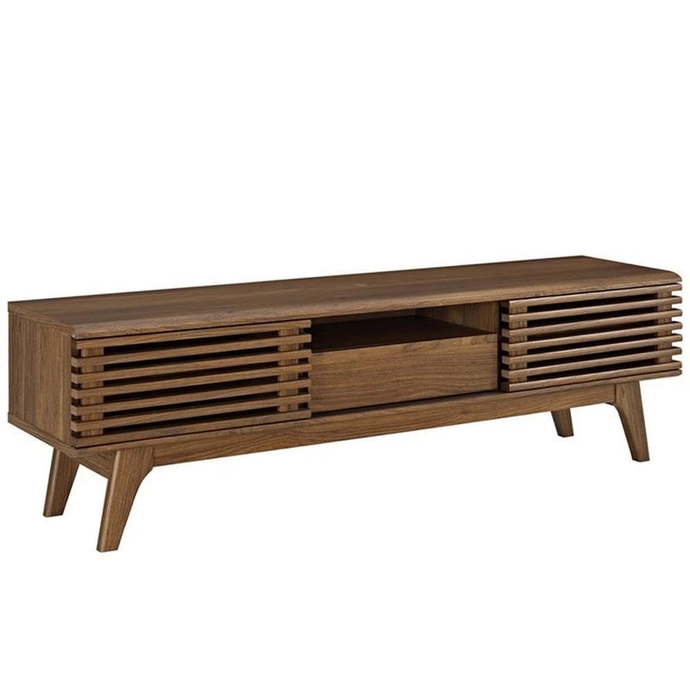 Mid Century Modern Low Profile 59" Retro TV Stand with Slatted Shelves in Walnut