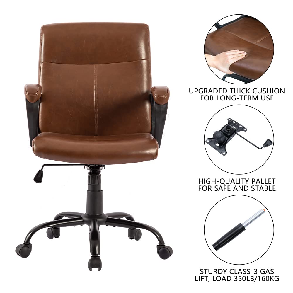Brown Leather Ergonomic Office Chair - Mid Back with Armrests