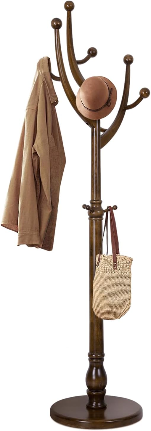 Wood Coat Rack Coat Tree Freestanding with Hooks, Heavy Duty Standing Coat Rack