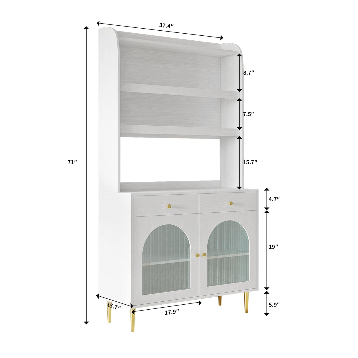 VOWNER 71" Kitchen Hutch Storage Cabinet with 2 Glass Doors and 2 Drawers, 3-Tier Shelf Freestanding Kitchen Pantry for Dinning Room, Living Room