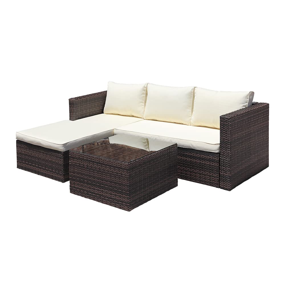 ABBLE 3 Piece Patio Furniture Sets, Outdoor Sectional Sofa Manual Wicker Rattan Corner Seating, Conversation Set with Soft Cushions and Glass-Covered Table – Brown