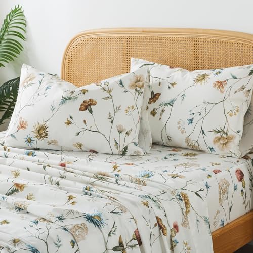 Vintage Printed Bed Sheets Queen Size 100% Percale Cotton Floral Pattern Sheet Set