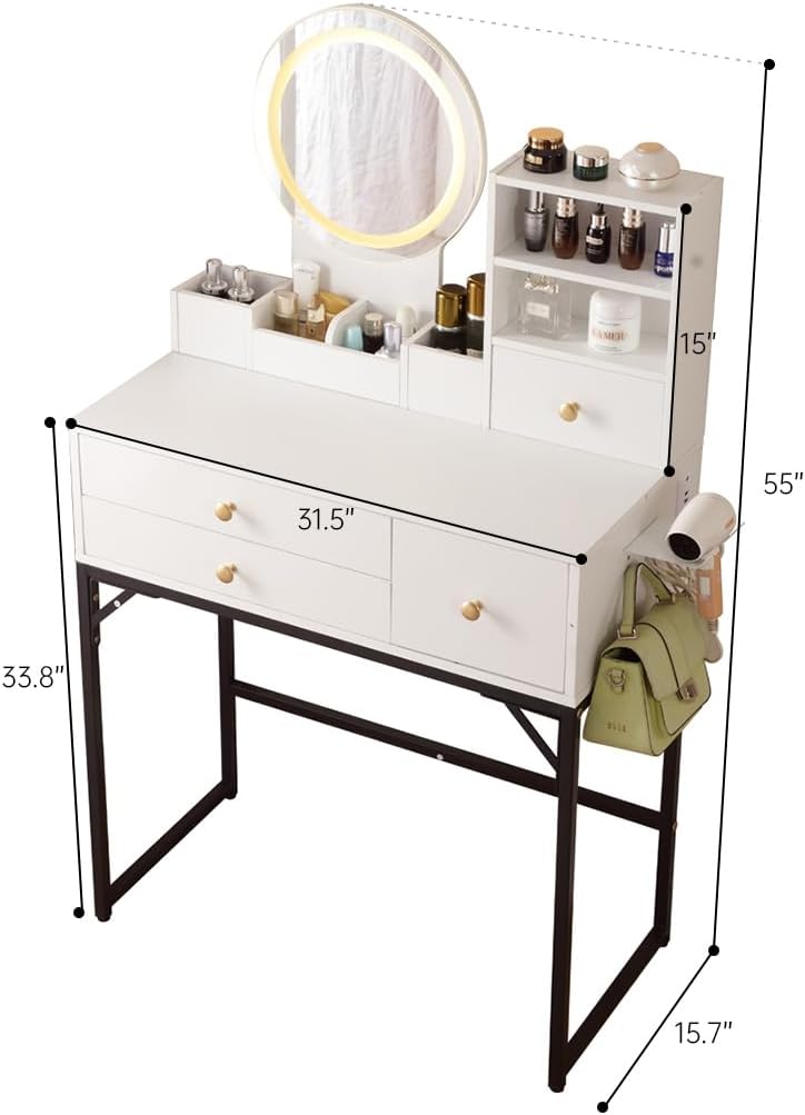 Vanity Desk with Lighted Mirror & Power Outlet, Makeup Vanity Desk with Drawers and Cabinet