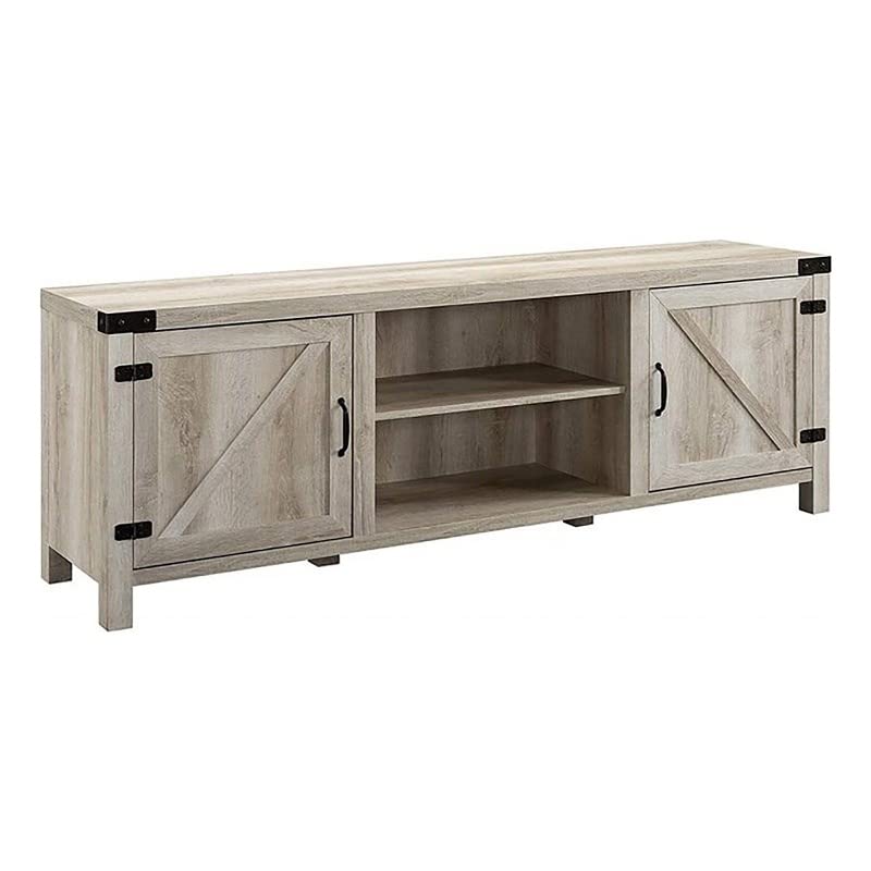 70" Farmhouse Barn Door Rustic Wood TV Stand Console with Storage in Rustic White