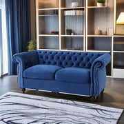Karen Traditional Chesterfield Loveseat Sofa, Navy Blue and Dark Brown, 61.75 x 33.75 x 27.75