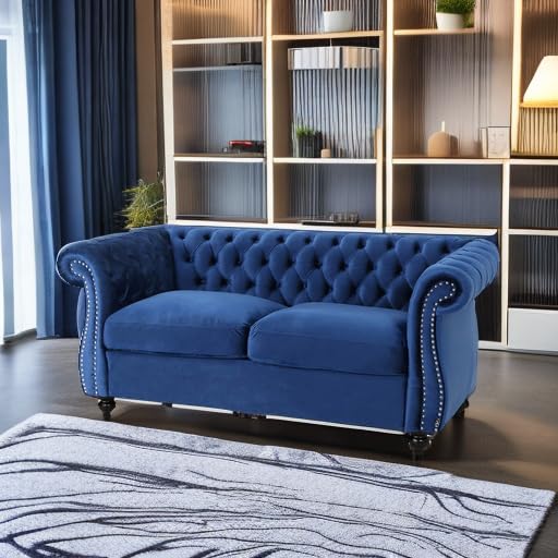 Karen Traditional Chesterfield Loveseat Sofa, Navy Blue and Dark Brown, 61.75 x 33.75 x 27.75