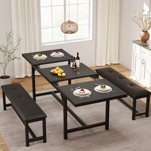 63" Extendable Dining Table Set with Upholstered Benches