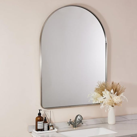 Brushed Nickel Arched Mirror, 24x36’’ Arched Bathroom Mirror, Arch Wall Mirror