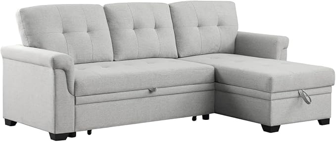 Lucca 84" W Dark Gray Linen Reversible Sleeper Sectional Sofa with Storage Chaise