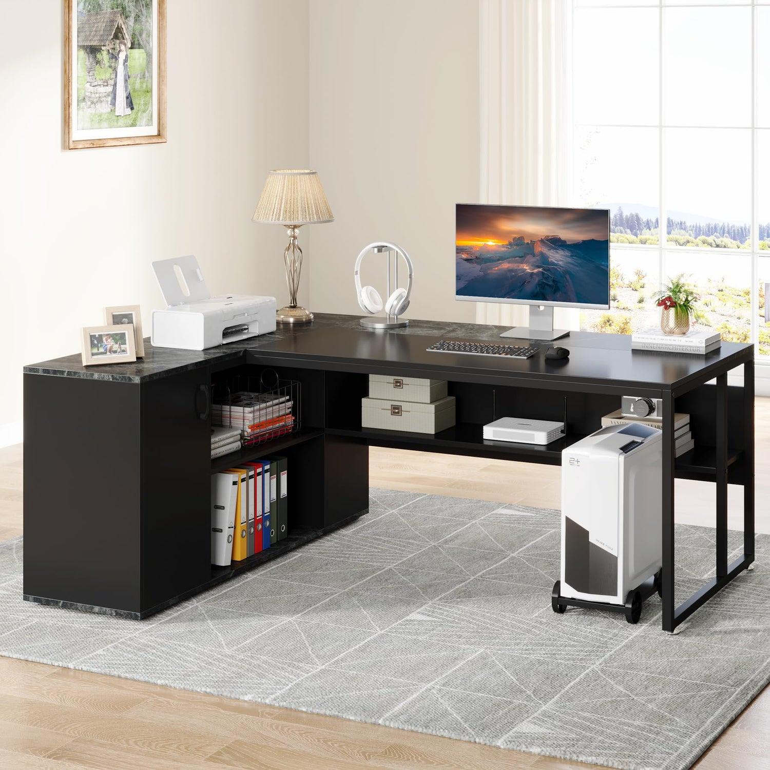 55-inch L-shaped office desk with drawers and storage shelves