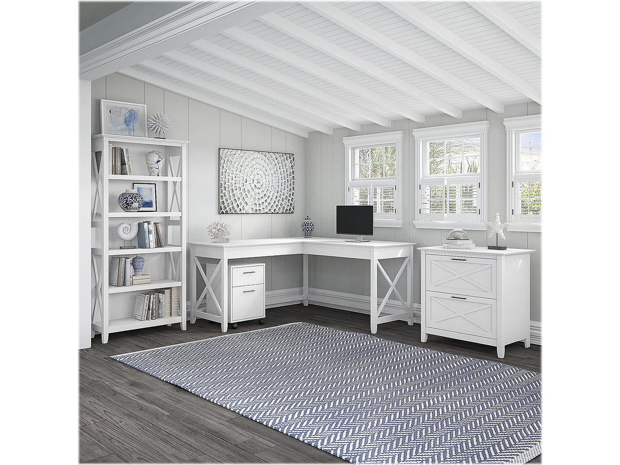 60-Inch L-Shaped Desk Setup with 5-Shelf Bookcase and Storage