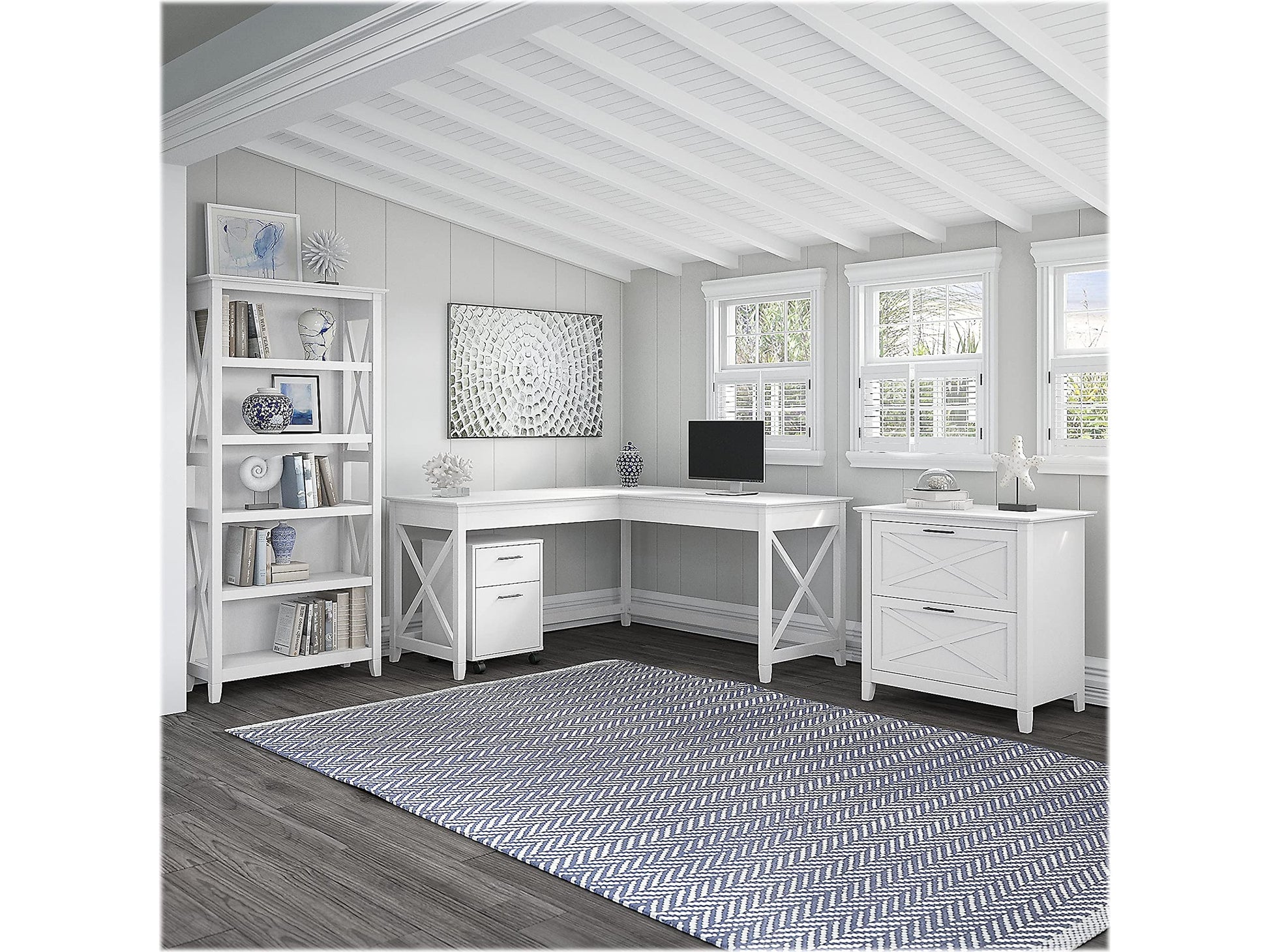 60-Inch L-Shaped Desk Setup with 5-Shelf Bookcase and Storage