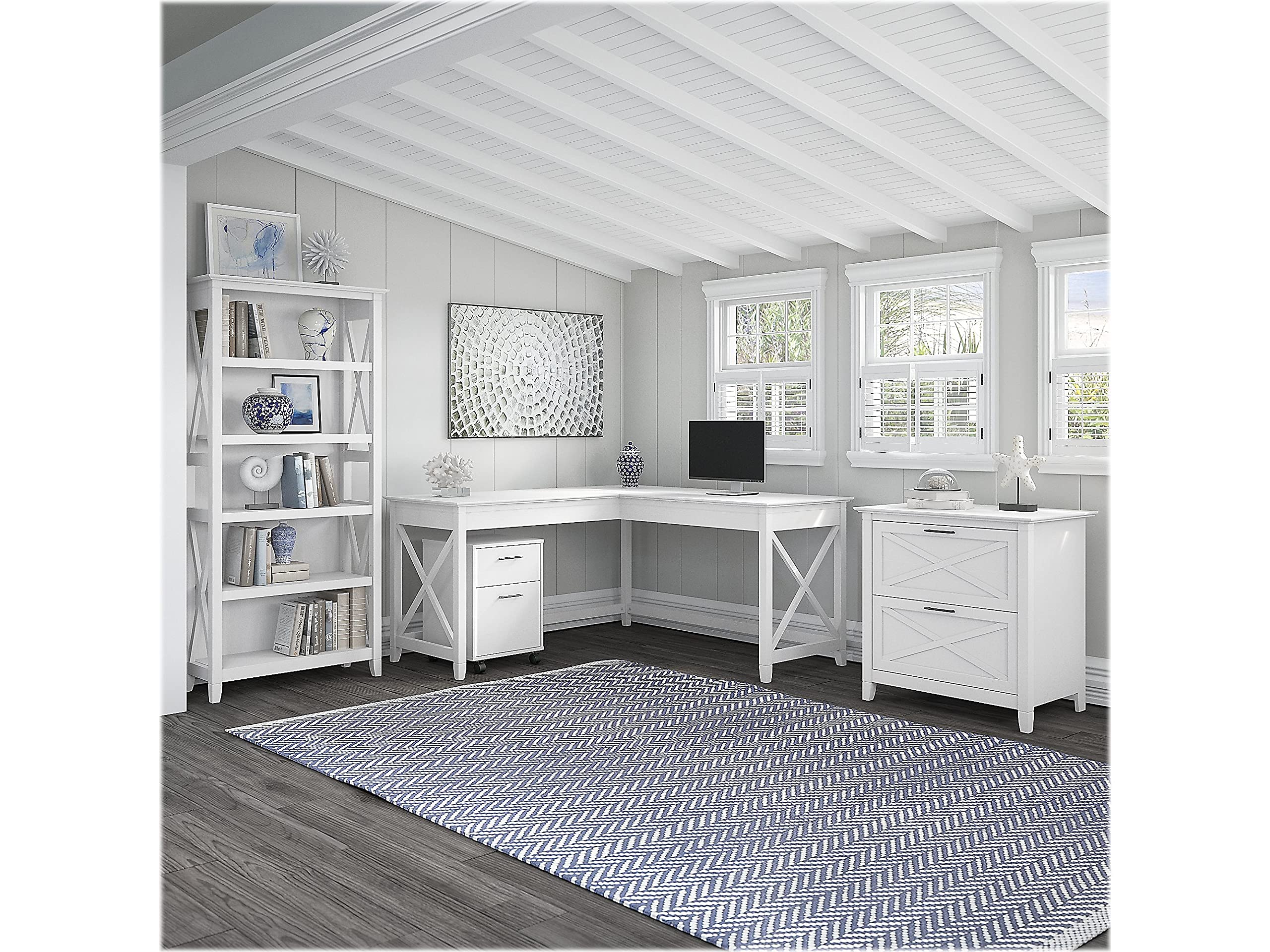 60-Inch L-Shaped Desk Setup with 5-Shelf Bookcase and Storage