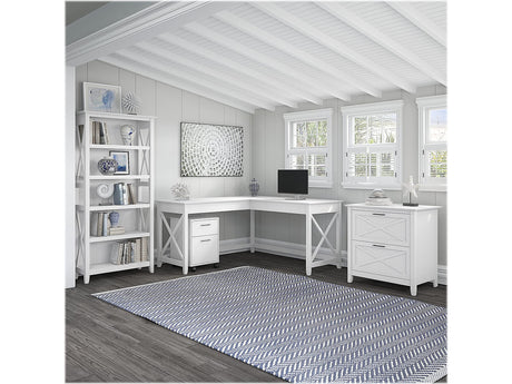 60-Inch L-Shaped Desk Setup with 5-Shelf Bookcase and Storage