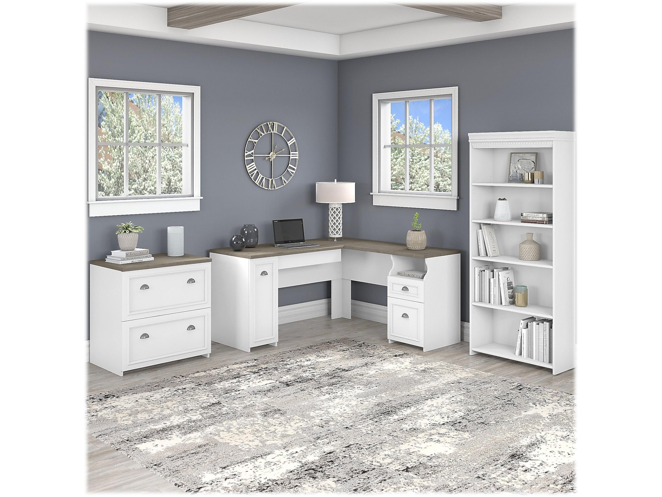 60-inch L-Shaped Desk with File Cabinet and 5-Shelf Bookcase in Modern Black Finish